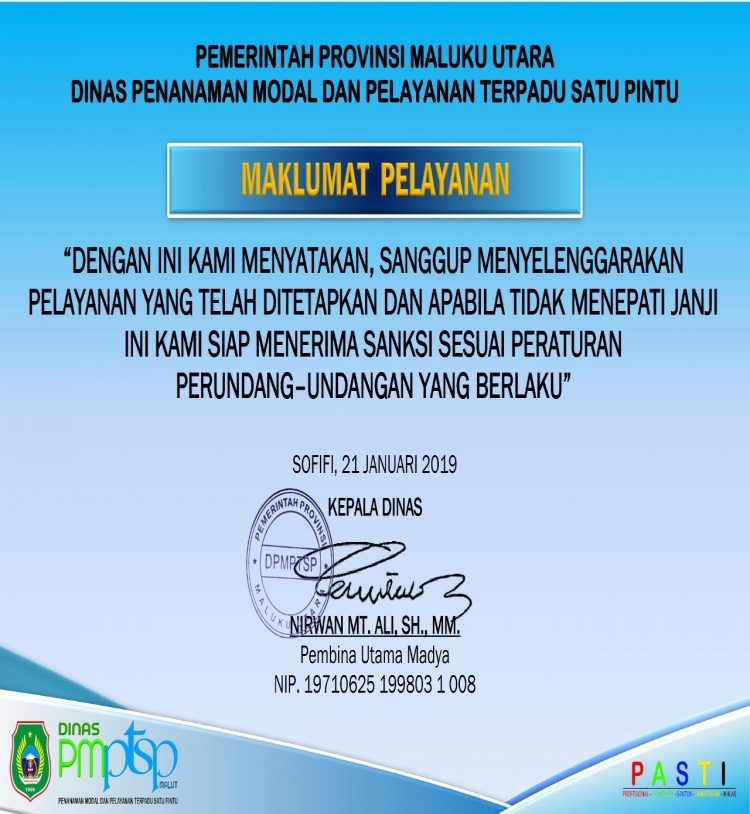 Maklumat Pelayanan DPMPTSP Provinsi Maluku Utara